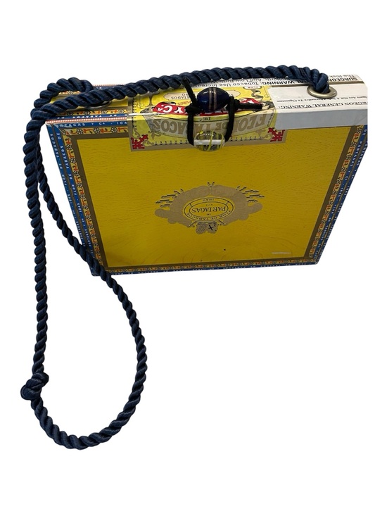 Hand Crafted Handbags - Hand Crafted Yellow Cigar Box Mini Crossbody with Navy Rope Strap